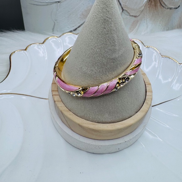 Pink Enamel Cloisonne Bracelet Bangle w/ Rhinestones - Picture 8 of 9